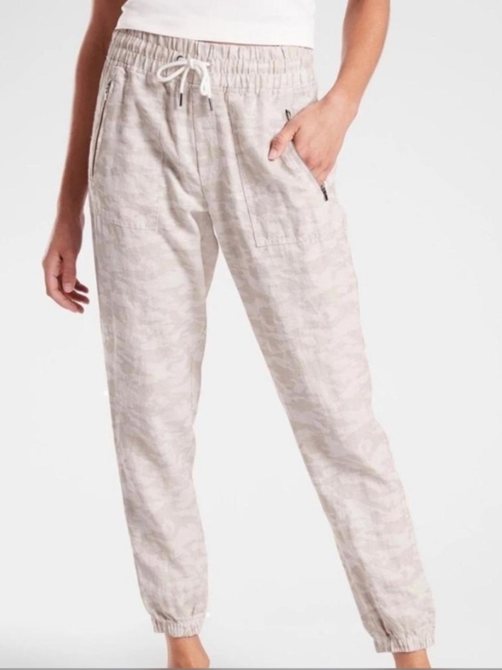 Athleta Cabo Tide Cream Camo Linen Jogger Ankle Pants Size12